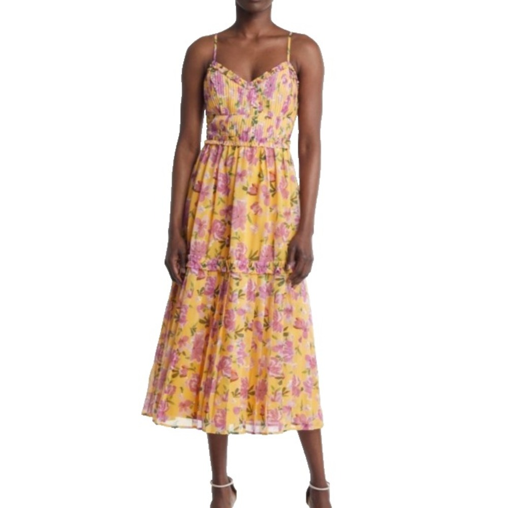 Adelyn Rae Yellow Floral Pleated Chiffon Ruffle Midi Dress XS Cottage Coquette